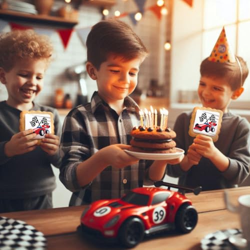 Image of Race Car Themed Cookies Party Favors | Individually Wrapped 24 Pack Bulk | for Kids Birthday Treats | Red Black White Raceway Race Track Black White Checkered Racing Theme