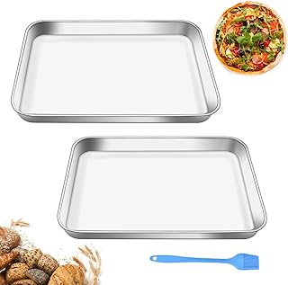 CYNNXIA 2 PCS Baking Tray Stainless Steel Oven Tray Rectangle Cookie Sheet Pan Small Baking Sheet Non-Stick Baking Pans Tray with Silicone Pastry Brush for Baking Cooking Serving (31x 24x 2.5 cm)