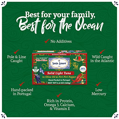 Image of Santo Amaro - Artisanal Wild Tuna Fillets in Olive Oil & Red Piri Piri Pepper, Pole & Line Caught Tuna from Portugal, Hand-Packed Beira-Style Canned Tuna Fish, 22g Protein Keto, Low Mercury, Pack of 6