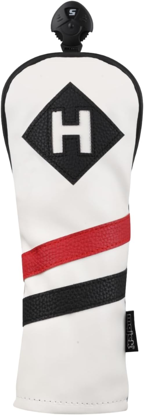 Majek Retro Golf Headcover White Red and Black Vintage Leather Style Hybrid Head Cover Classic Look, Wheel Tag Includes Numbers 3 Through 7 Plus X