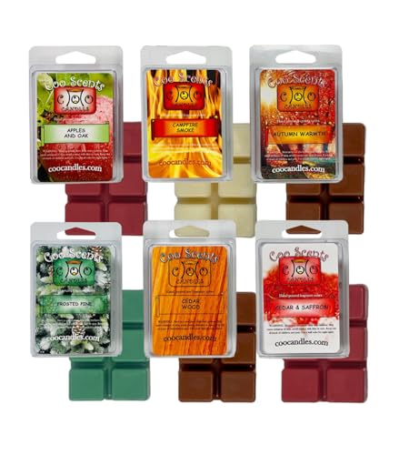 Fall Mix Scented Wax Melts 6 Pack–USA Made–Wax Cubes for Wax Melt Warmer Masculine Autumn Outdoor Variety Pack Cedar Wood Cedar Saffron Campfire Smoke Apples Oak Pine Autumn Warmth