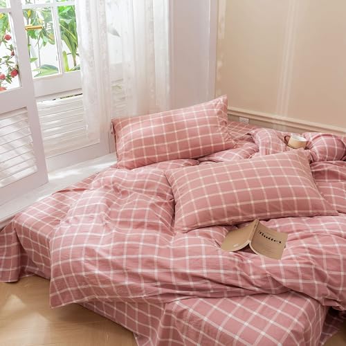 Image of EAVD Modern Style Pink Floral Duvet Cover King Soft Soft White and Pink Grid Plaid Bedding Set with 2 Pillowcases Reversible Checkered Geometric Pattern Duvet Cover with Zipper Closure