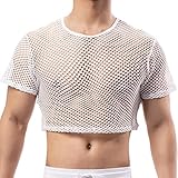 QiaTi Men's Crop Top Mesh Fishnet Shirts See Through Round Neck Short Sleeve Sexy Muscle Tee White