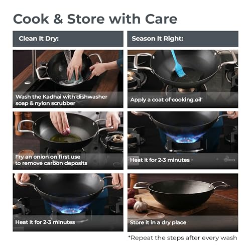 Image of Lifelong Carbon Steel (Iron) Kadhai 20cm | High Heat Stir Fry & Bhuna Kadhai with Stainless Steel Handle | Naturally Seasoned Non-Stick Surface | Induction & Gas Compatible | Lightweight Build