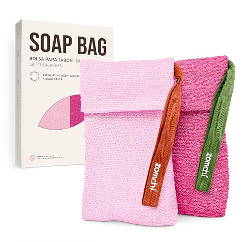 Bolsas de Jabón ZOMCHI, Ahorradoras de Jabón en Barra con Diferentes Niveles de Exfoliación, Bolsita para Gel de Ducha (2 Unidades, Rosa)