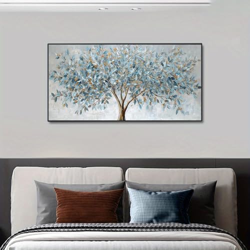 Tableau arbre bleu et or abstrait, décoration murale haut de gamme