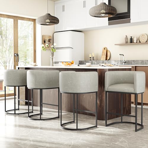 Image of 26 inch H Counter Height Bar Stools Set of 2, Modern Barrel Counter Stools with Backrest and Arms, Faux Leather Upholstered Accent Barstools for Kitchen Island,Support 450 LBS (Grayish White)