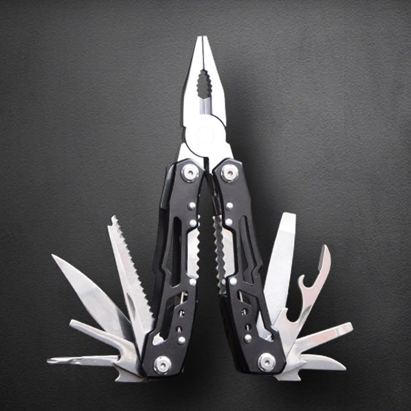 Mini multiferramenta 12 em 1, alicate de ponta agulha, canivete de bolso, chaveiro, abridor de garrafa, presentes para homens, equipamentos de acampamento, caminhadas, preto