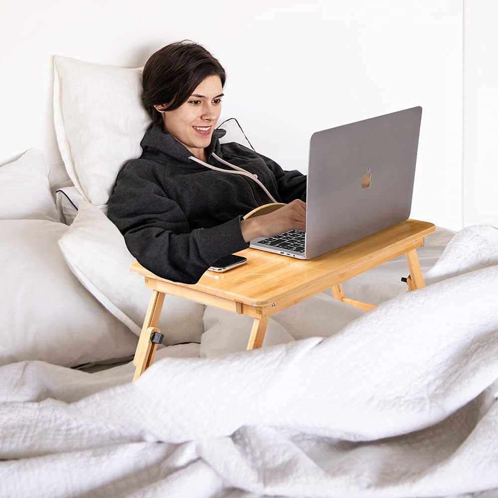 Escritorio portátil de bambú para Cama, con Patas Ajustables para Laptop con Tapa abatible y cajón para sofá Cama