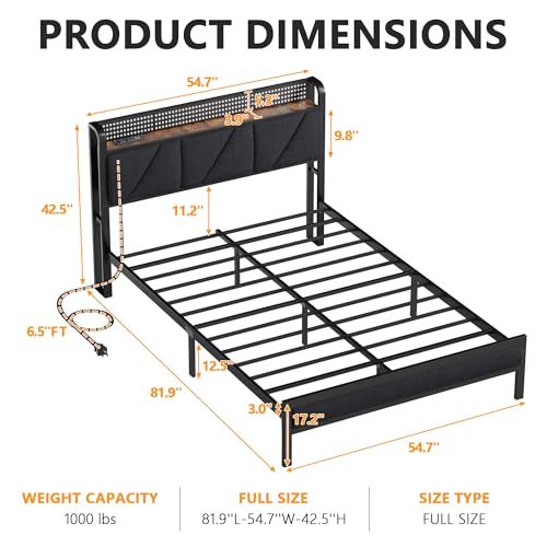 Full Bed Frame with LED Lights and Charging Station for Dorm Room and Bedroom
| Furnulem Full Bed Frame Metal Support w