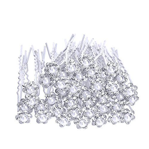 eBoot 40 Pack Wedding Bridal Pearl Flower Crystal Hair Pins Clips, White