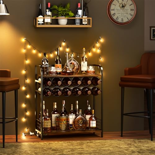 Bosimeca Versatile Wine Bar Cabinet : 3-Tier Bar Table with 12-Bottle Wine Rack freestanding Floor Mini Wine Bar Cabinet Liquor bar Stand Holder for Kitchen Dining Room Living Room Corner