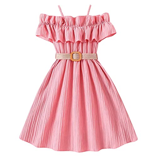 Girls Summer Dress Off Shoulder Flutter Sleeve Midi Swing Cassual Formal Dresses with Belt
