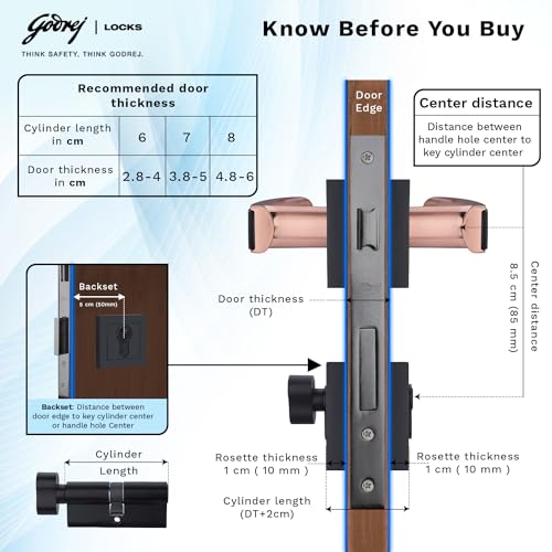 Image of Godrej Mortise Lock | Handle Lock Set for Main & Internal Doors | NEH 06 Home Decor Handle | Matte Black Rose Finish | 9 Inch Lockbody | 70mm 1CK Cylinder Knob from Inside Key Outside | 3 Keys