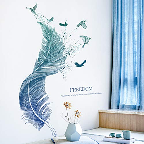 Pegatinas de pared de pájaros vinilos de cristal y plumas azules para decoración del hogar moderna 3