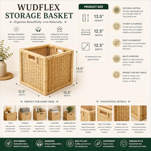 Image of WBS Wicker wardrobe Basket for storage | wardrobe organizer for storage | Clothes storage box | books, cloths, newspapers, photos, toys, plants,12.5 x 13.5 x 12.5 Inch