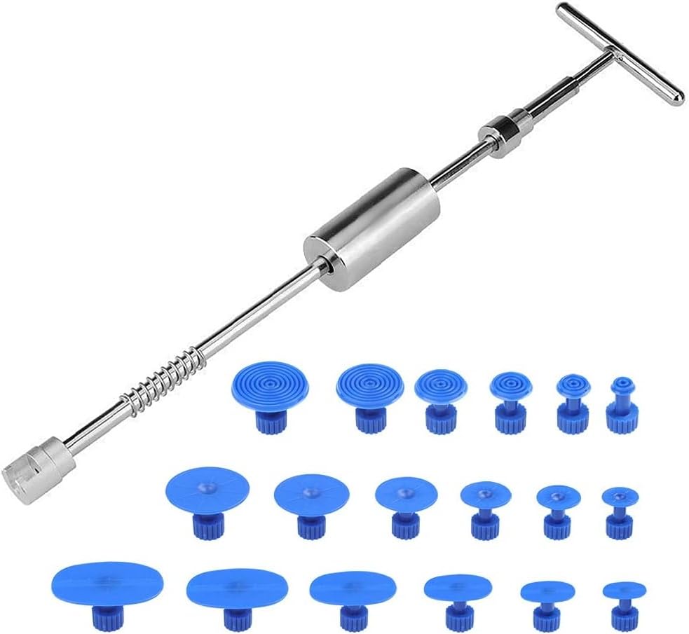 Kit 18 Pezzi Estrattore di Ammaccature per Auto, Kit di Riparazione Carrozzeria Auto con Martello a Scorrimento T-Bar e Piastre Adesive per Estrazione per Fai-da-Te Silver,One Size