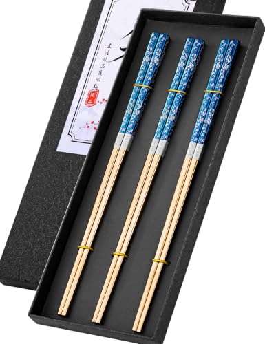 Image of Metal Chopsticks Reusable, Non-Slip Chop Sticks Reusable Dishwasher Safe, Titanium Plated Stainless Steel Chopsticks+Gold Blue 3 Pairs