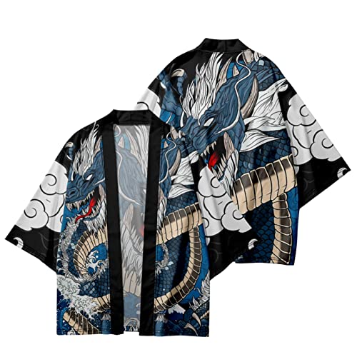 PRIJOUHE Mens Kimono Robe Jacket 3/4 Sleeve Open Front Japanese Shirt Bathrobe Lightweight Coat