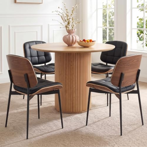 GrandNoor Mid Century Modern Dining Chairs with Walnut Grain Back Black Faux Leather Dining Room Chairs Set of 4 Checkered Soft Cushion Kitchen Chairs with Adjustable Foot Pads