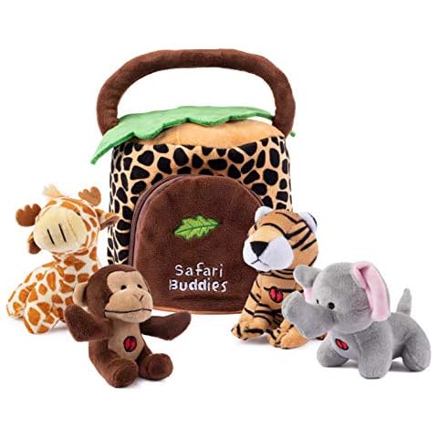 Talking Plush Jungle Animals Set: 4 Soft Safari Toys - Elephant, Monkey, Giraffe, Tiger & Jungle House Carrier Cover