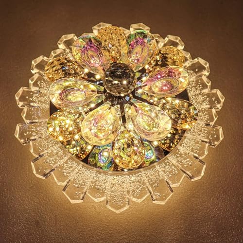 Image of Round Crystal Flower Ceiling Light with Rotating Multi-Colour LED, Decorative Chandelier Lamp for Living Room Bedroom Hallway Event Decor, Dimmable Lighting Fixture 7 x 7 x 2 Inch
