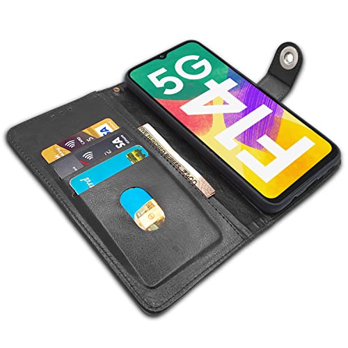 Image of Pikkme Samsung Galaxy F14 5G Flip Cover Leather Finish | Inside TPU with Card Pockets | Wallet Stand and Shock Proof | Complete Protection Button Flip Case (Black)