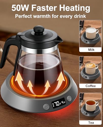 Image of Kepwam Coffee Mug Warmer - 50W Electric Coffee Warmer for Desk 3 Temp Settings & 2-9 Timer Smart Cup Warmer for Desk Candle Warmer Plate with LED Lights Beverage Tea Milk Warmer for Home & Office