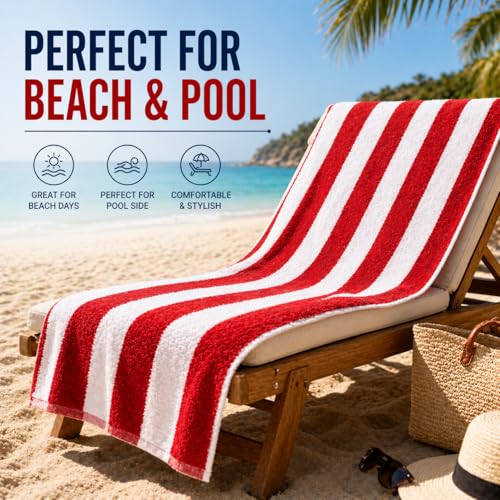 Image of TowelWala Extra Large Cotton Pool & Bath Towel | 180x90 cm | 450 GSM Cotton | Quick Drying & Highly Absorbent | Striped Design for Adults | TW PT RED Pack 2