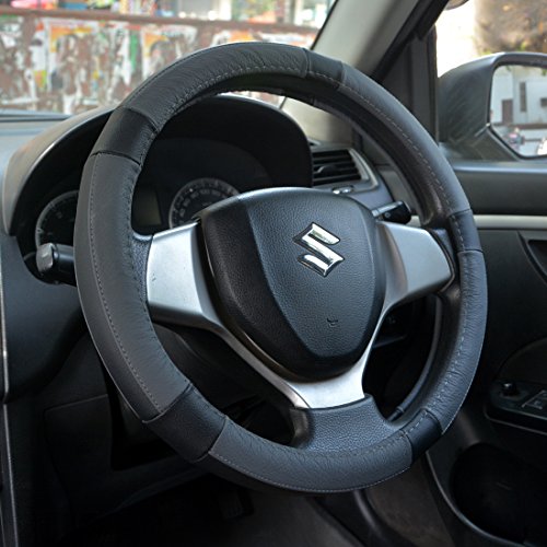 Oshotto Leather Steering Wheel Cover for Tata Tigor (Black and Grey)