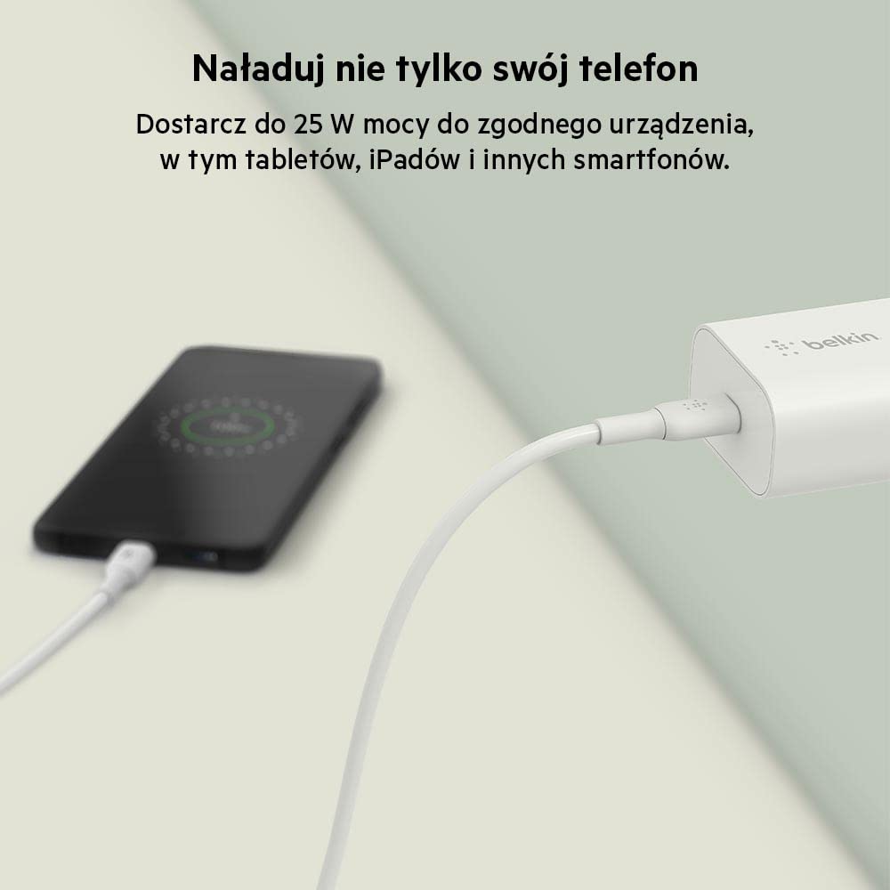 Belkin BoostCharge Ładowarka sieciowa 25 W z PPS, USB-C Power Delivery, szybka ładowarka do iPhone 15, iPhone 14, 13, 12, Samsung Galaxy S24, S23, iPad, Google Pixel'a i innych urządzeń