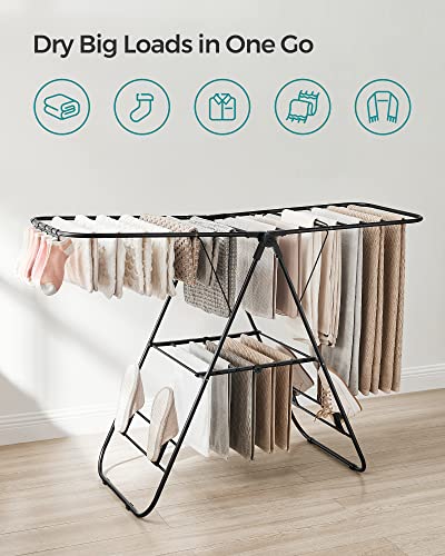 SONGMICS Clothes Airer, Foldable Clothes Drying Rack, Clothes Horse with Height-Adjustable Wings, Free-Standing Laundry Drying Rack, Indoor and Outdoor Use, Steel, Black LLR502B01 - Image 3