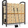 Meoligr Fireplace Tools Set, Double-Layer Firewood Rack, Heavy-Duty Wrought Iron Firewood Holder with Extra-Large Storage, Complete 4-Piece Fireplace Accessories (Tongs, Poker, Brush, Shovel)
