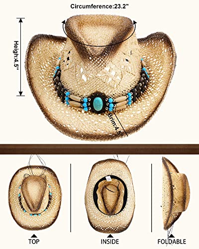 Janmercy 4 Pcs Boho Jewelry Set Straw Cowboy Hat with Vintage Synthetic Turquoise Necklace, Bracelets, Earrings for Women2
