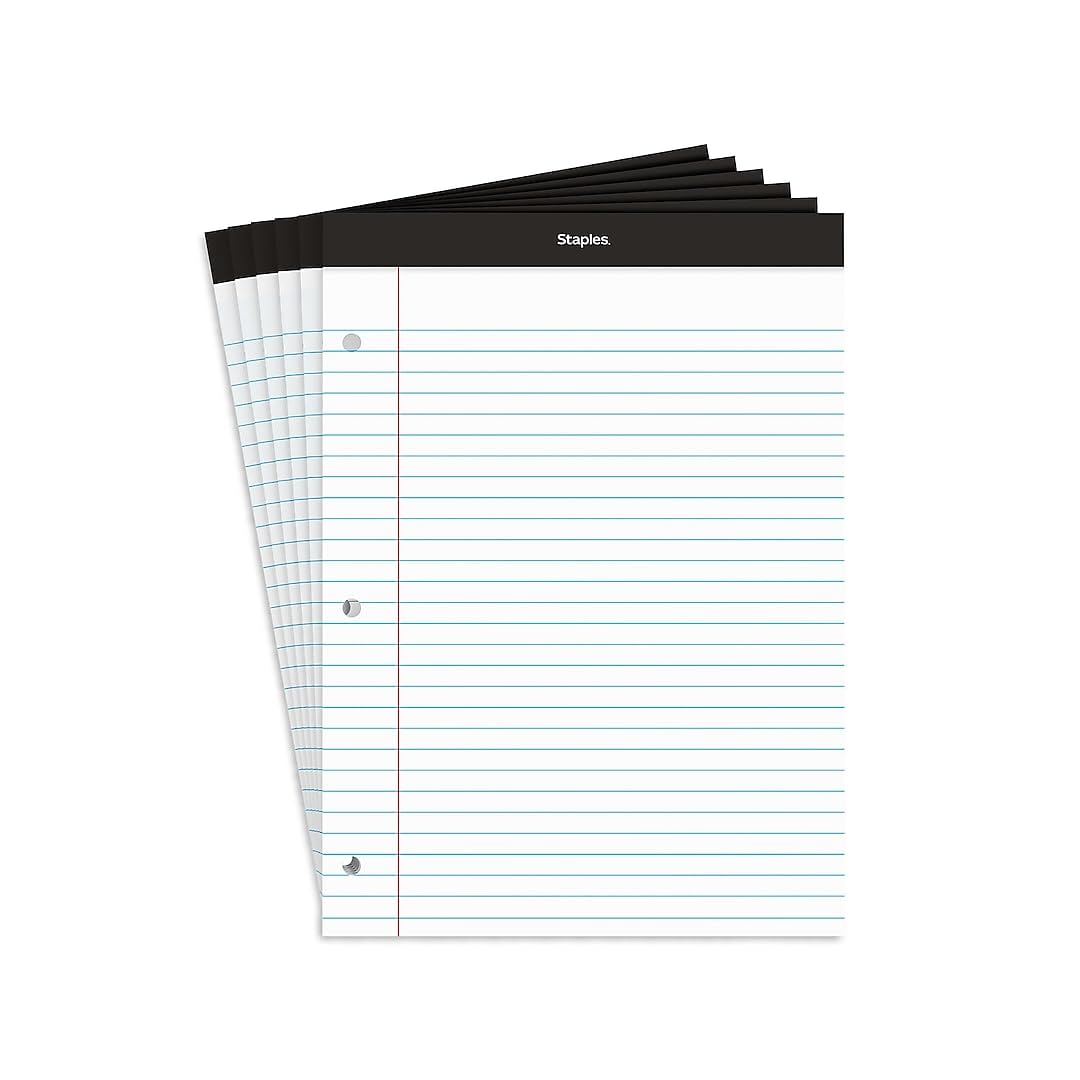 STAPLES Notepads, 8.5” x 11.75”, Wide Ruled, White, 100 Sheets/Pad, 12‑Pack