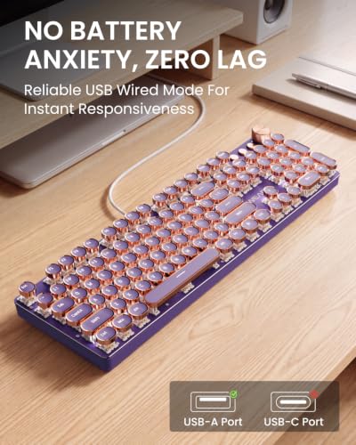 Image of EWEADN Wired Typewriter Mechanical Keyboard, Low Noise Pink Switch Retro Punk Keyboard with Media Knob, White Backlit, Metal Panel, 104-Key Round Keycaps Cute Keyboard for Windows PC -Purple