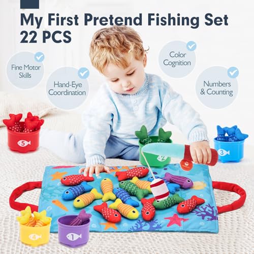 hahaland toddler toys montessori toys for 1 year old boy girl birthday gift - 10 in 1 cloth fishing game christmas toddler gifts 1-3 with stacking cups - number counting color sorting learning
