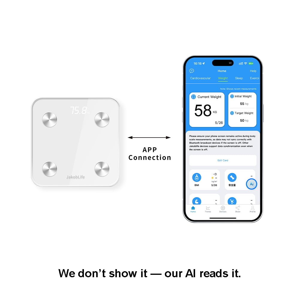 AI Bluetooth Body Scale, cyfrowa waga z analizą BMI, bezpłatne członkostwo AI do analizy krzyżowej zdrowia serca, biała