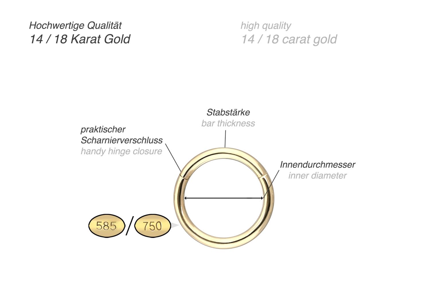PIERCINGLINE Piercing Ring 14K Gold Segmentring Clicker 585er Gold - Roségoldfarben, Goldfarben, Silberfarben