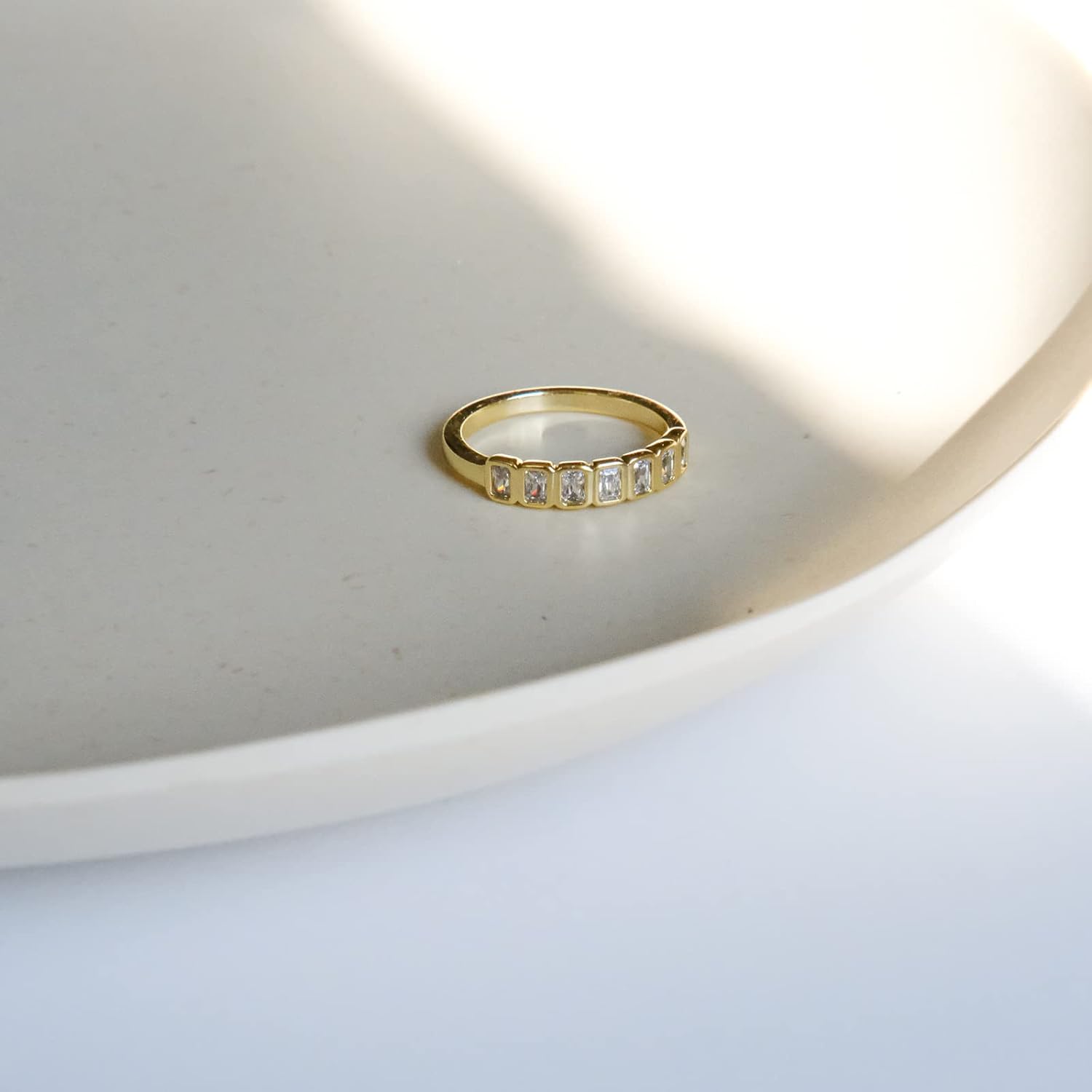 Emerald Cut Bezel Set CZ Halfway Eternity Band | 7 Stone Wedding Anniversary Band Bridal Set