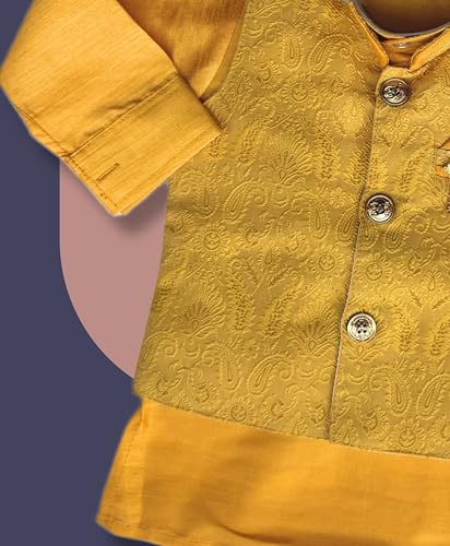 Image of Little Kids Ethnic Wear Kurta Pyjama and Waistcoat Set For Boys | Stylish Ethnic Wear | 3-piece set | Silk and Cotton Blend Fabric