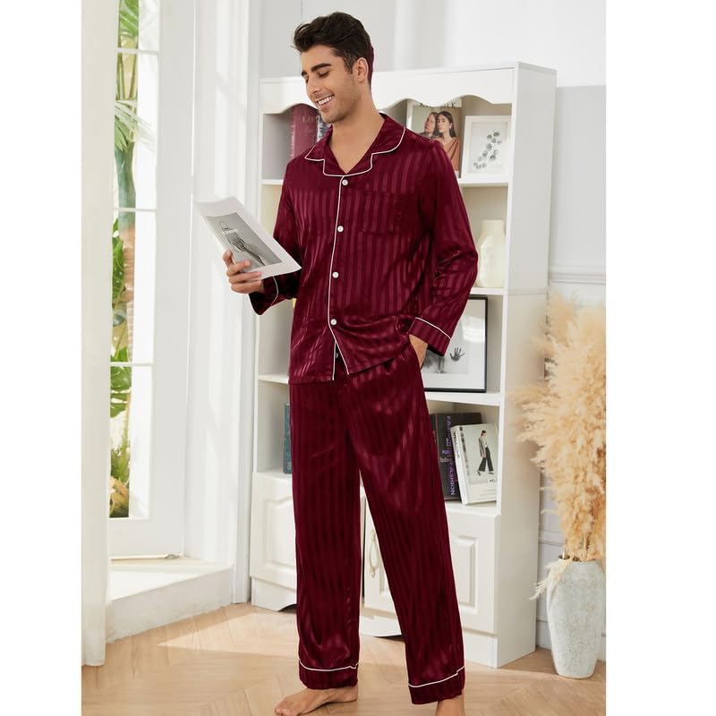 Image of U2SKIIN Silk Pajamas for Men, Long Sleeve Men Satin Pajamas Set Striped Button Down 2-Piece Pjs Set
