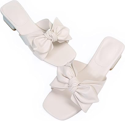 Fashare Womens Bow Dressy Low Heel Sandals Slides Summer Chunky Block Heeled Open Toe Mules Slip on Slippers Shoes