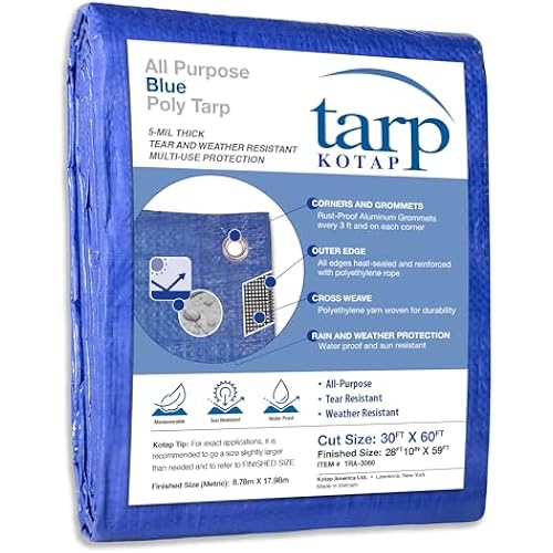 Kotap 30 x 60 Ft. All-Purpose Multi-Use Protection/Coverage 5-mil Poly Tarp, Waterproof, Blue, (TRA-3060)
