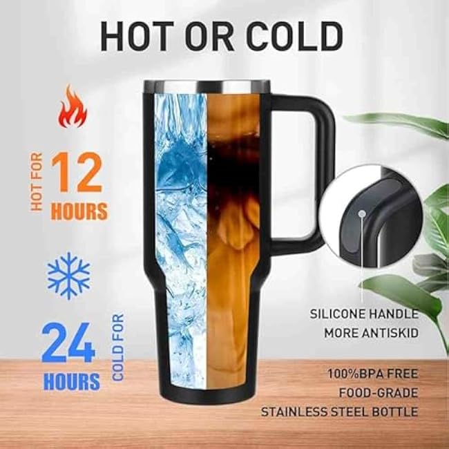 40oz Tumbler with Handle Straw Lid, Stainless Steel Vacuum Insulated Reusable Coffee Cup Keep Cold Gym Travel Mug for Iced, Gifts for Women Men Lovers, Car Holder Friendly, Black