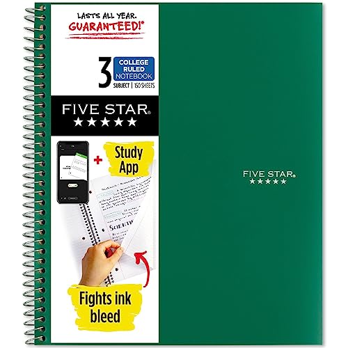 Five Star Spiral Notebook + Study App, 3 Subject, College Ruled Paper, Fights Ink Bleed, Water Resistant Cover, 8-1/2" x 11", 150 Sheets, Green (72067)