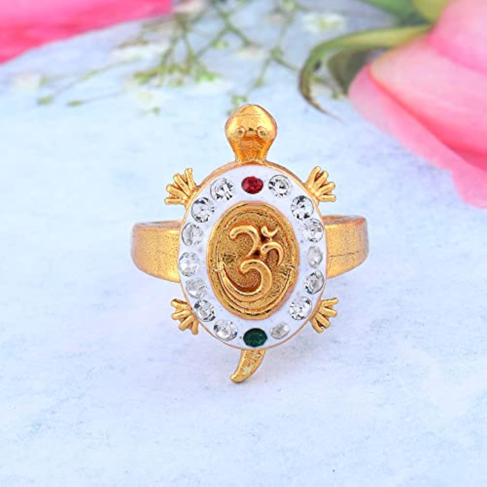 Gold Plated CZ Stud OM Symbol Turtle Ring, Good Luck