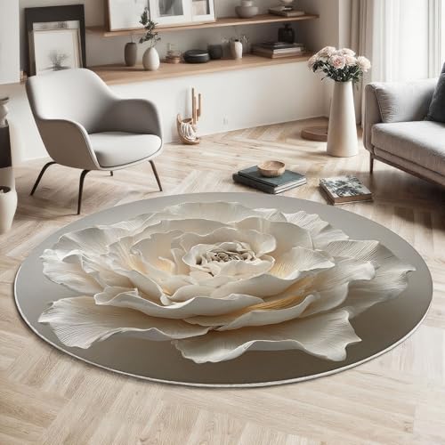 Tapis beige 100 cm rond à poils courts et motif rose 3D - 5