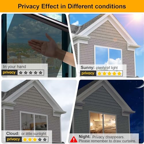 Image of One Way Window Privacy Film See Out Not in, Window Tint for Home, Reflective Mirror Glass Windows Coverings Sun Heat UV Blocking, Black-Silver, 23.6 Inch x 78.74 Inch