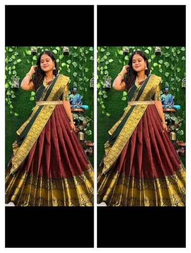 Image of RENVAANI Women's Traditional Kanjivaram Kanchipuram Silk Unstitched Lehenga Choli with Dupatta (MAROON BT)